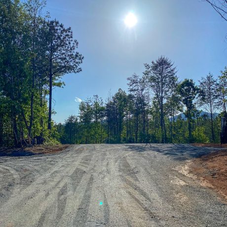 dirt road in campground setting with sun shining down